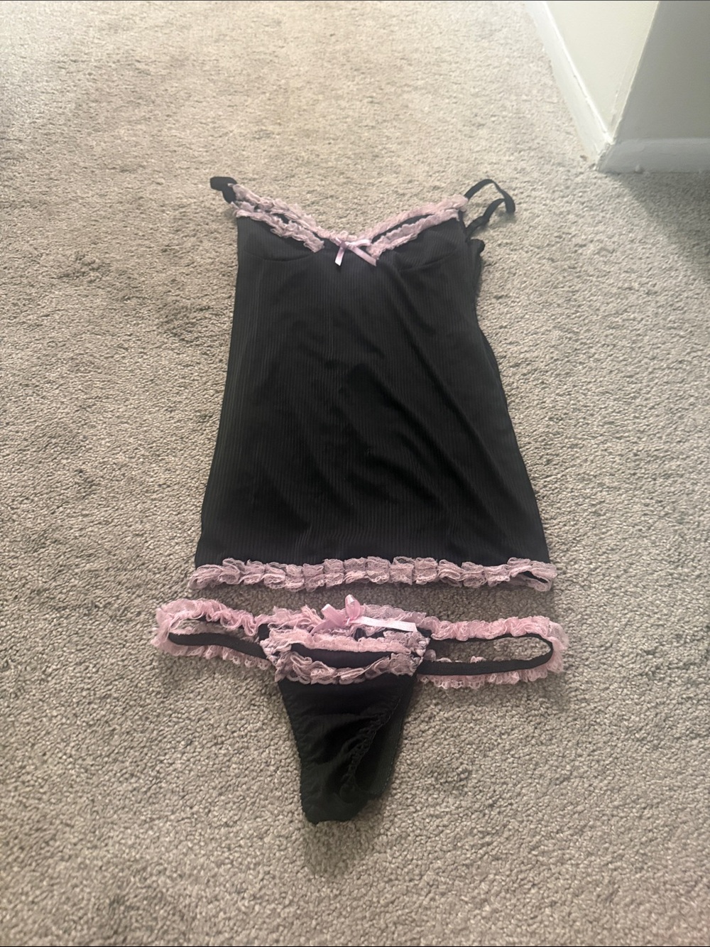 Black Chemise with Pink Lace Trim and Matching Thong
